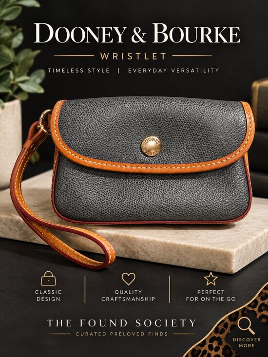 Dooney & Bourke Handbags - Dooney & Bourke Dark Gray Pebbled Leather Snap Wristlet Tan Trim